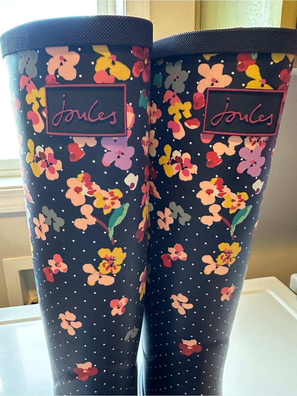Joules Navy Floral & White Polka Dot Tall Rain Boots - Picture 2 of 11